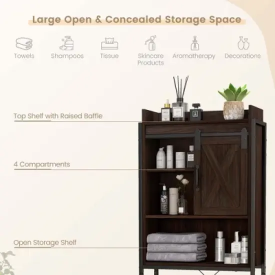 Costway Over-The-Toilet Storage Cabinet Bathroom Organizer w/ Sliding Barn Door Rustic\Espresso image {5}