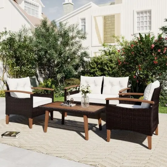 4 Piece Wicker Outdoor Patio Conversation Sets,PE Rattan Sectional Sofa Set,Garden Furniture Sets with Wood Coffee Table and Cushions-Coolbibila image {1}