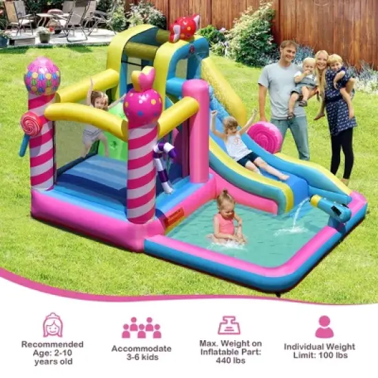Costway Inflatable Bounce House Sweet Candy Bouncy Castle W/ Water Slide& 480W Blower image {4}