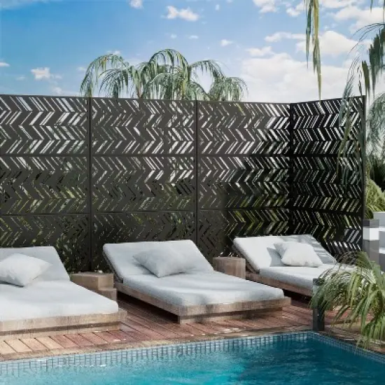 Pexfix 72" x 47" Metal Privacy Screen Freestanding Outdoor Divider Panel For Patio Deck Balcony Heavy Duty Base Weatherproof Black Geometric Chevron image {7}