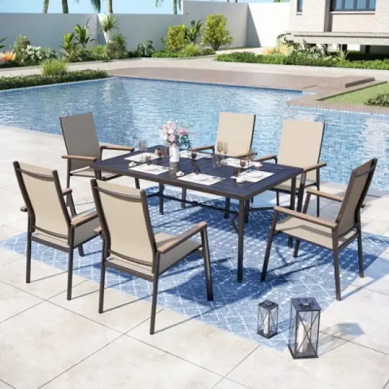Captiva Designs 7pc Patio Dining Set with Geometric Pattern Rectangle Table & Sling Chairs with Wood-look Armrest image {15}