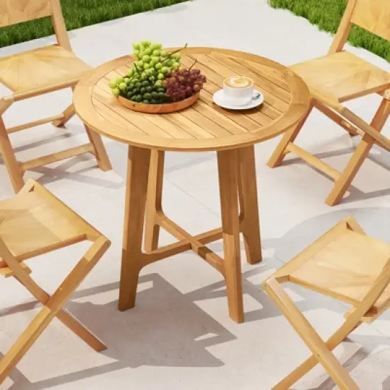 Tangkula 31.5" Patio Dining Table Round Teak Wood Dining Table w/ Slatted Tabletop Garden image {2}
