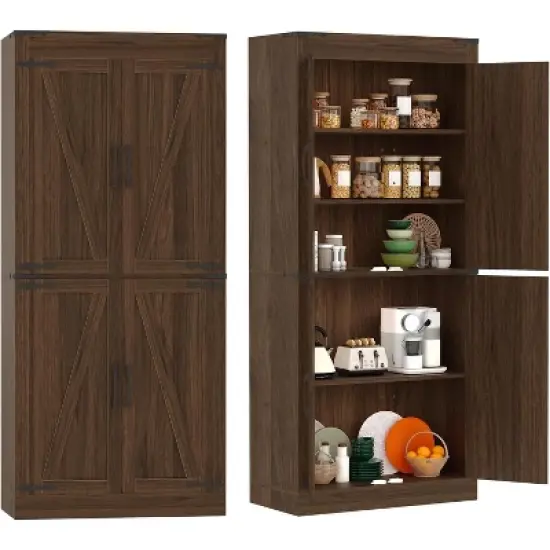 71" Farmhouse Pantry Cabinet w/ 4 Barn Doors & Adjustable Shelves - Freestanding Rustic Storage for Kitchen or Multi-Room Use, Tall Cupboard image {6}