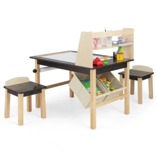 Costway Kids Art Table & Chairs Set Wooden Drawing Desk with Paper Roll Storage Shelf Bins image {9}