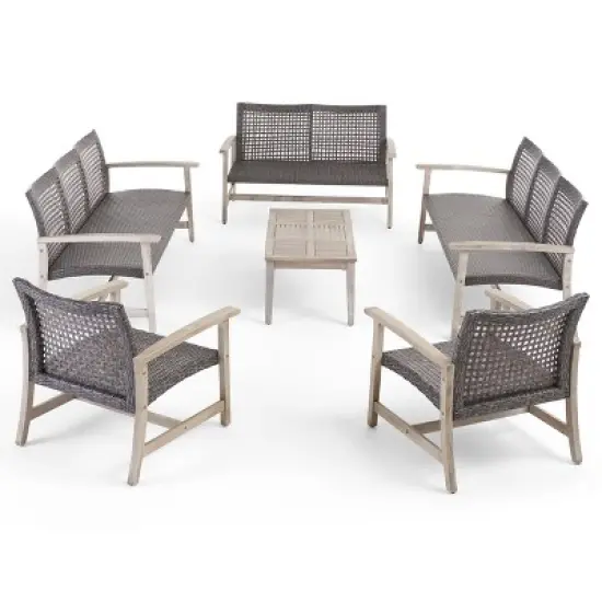 Christopher Knight Home Hampton Outdoor Acacia Wood and Wicker 10 Seater Sofa and Loveseat Chat Set image {1}