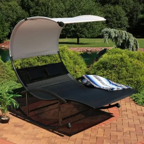 Sunnydaze Outdoor Double Chaise Lounge Bed with Canopy Shade and Headrest Pillows, Black image {10}