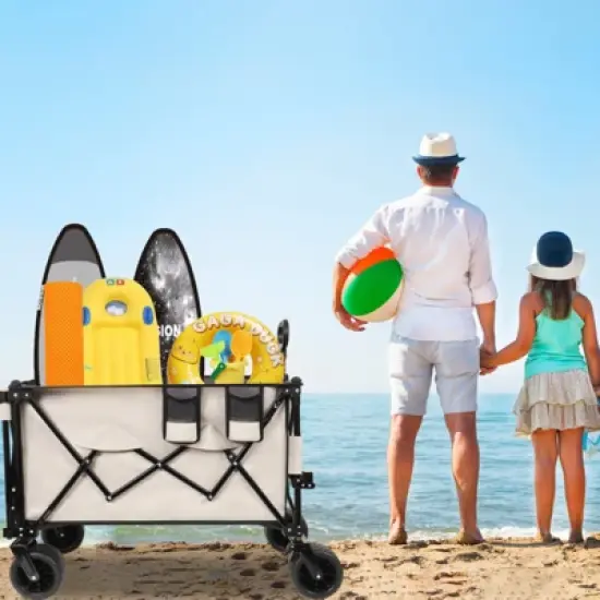 DSVIMOY Foldable Wagon with Extended Tailgate, Extra Long Extender Wagon Cart, Beach Wagon, Gray&Khaki, 55.12"*22.83"*43.31" image {3}