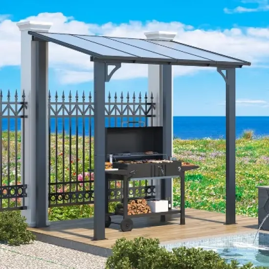 CLIHOME 8 ft. x 5 ft. Gazebo Outdoor Pergola for Patio, Lean to Hard Top Grill Gazebo Shelter with Roof, Small Wall-Mounted Heavy Duty Awnings image {1}