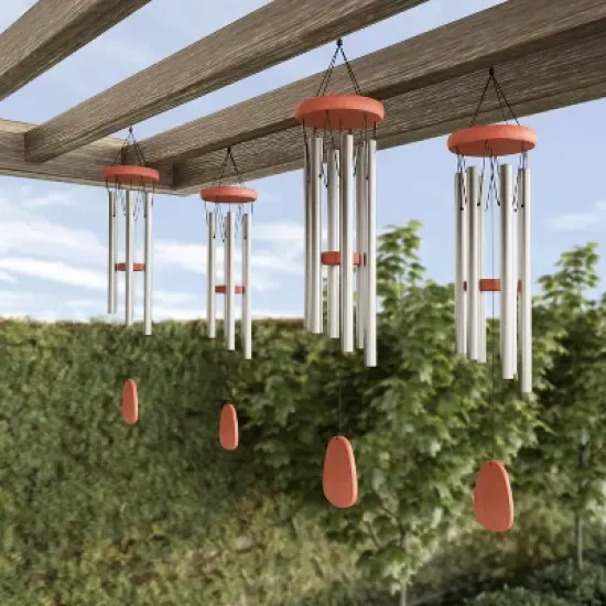 Metal and Wood Wind Chimes - 28-Inch Tuned Metal Chimes - Soothing Tones for Garden, Patio, Porch, or Outdoor Decor by Nature Spring (Silver Finish) image {2}