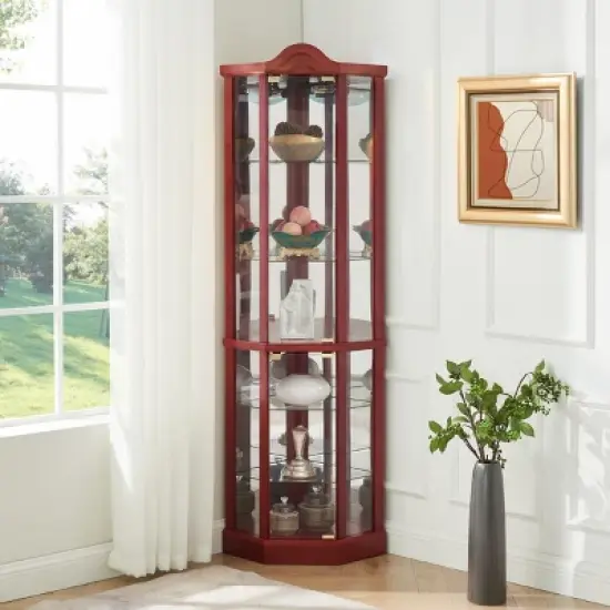 YOOCOZZ Lighted Glass Corner Curio Cabinet &ndash; Adjustable Shelves, Carved Cherry Decoration, Wine Storage image {7}