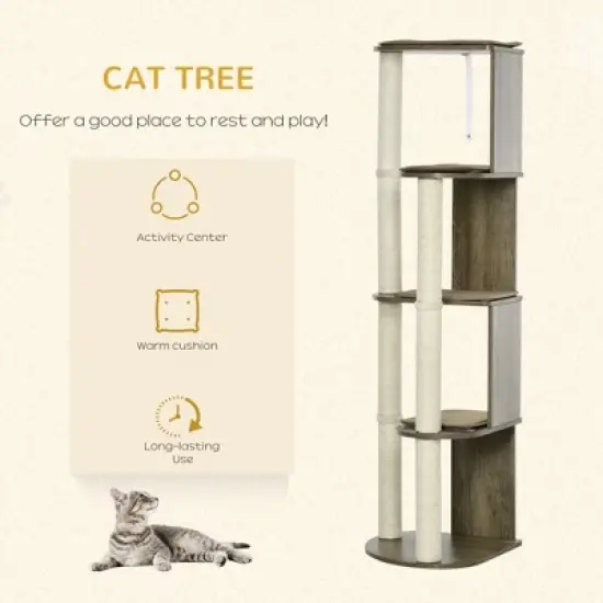 Kumasinova 65" Multi-Level Modern Cat Tree Tower,Corner Cat Tower with Scratching Post,Space-Saving Cat Climbing Tower for Indoor Cats,Cream White image {3}