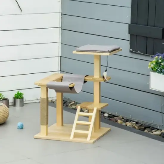 PawHut 25.5" Cat Tree Kitty Activity Center, Pinewood Climbing Toy Indoor Pet Furniture with Jute Scratching Post, Bed Perch Hanging Ladder Cushion, Natural image {1}