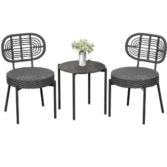 3 Pieces Patio Set Outdoor Wicker Bistro Set All-Weather Rattan Deck Conversation Set of 3 with Table & Cushions for Deck Patio Balcony Backyard image {8}