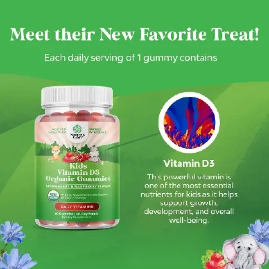 Organic Vitamin D Gummies for Kids, Vegan Kids Immunity Support Gummies with Vitamin D3 for Daily Teeth Muscle & Bone Support, Nature's Craft, 60ct image {4}