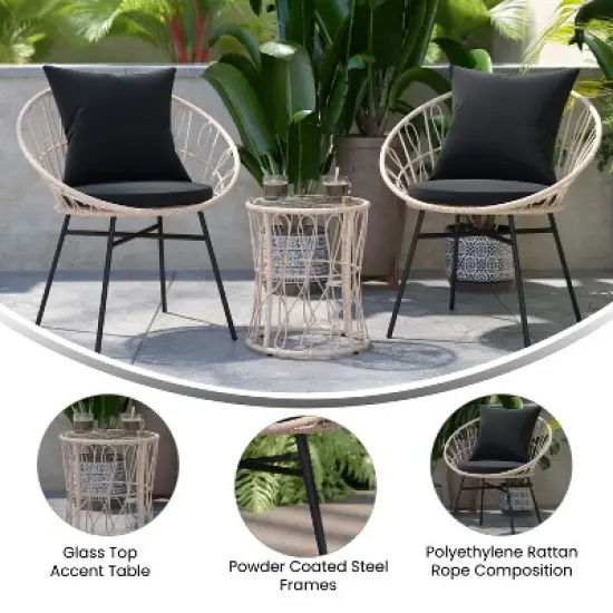 Flash Furniture Devon 3-Piece Indoor/Outdoor Bistro Set, Papasan Style Rattan Rope Chairs, Glass Top Side Table & Cushions image {8}