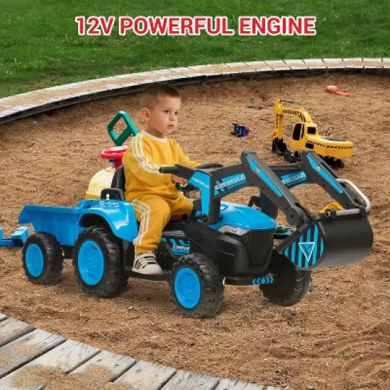 12V 3 in 1 Kids Ride on Excavator & Tractor with Detachable Trailer, Kids Electric Vehicles with Remote Control, LED Lights, Music image {5}
