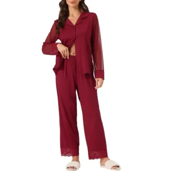 cheibear Women's Button Down Sheer-Mesh-Sleeve Sleepwear Shirt with Long Pants Pajama Set image {5}