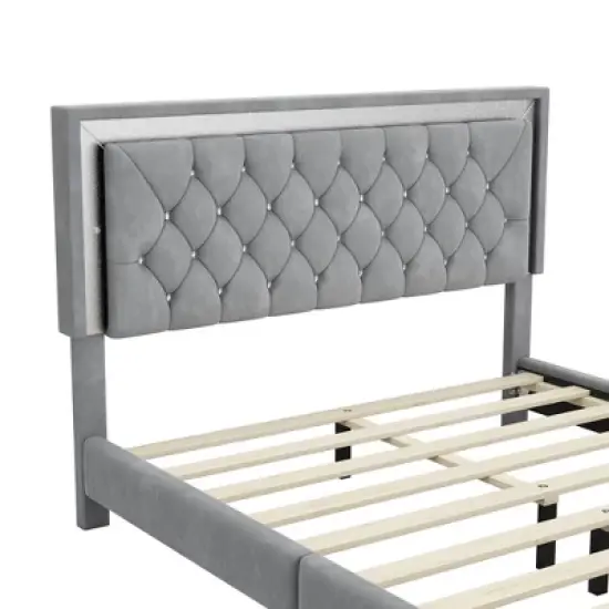Queen Size Velvet Upholstered Platform Bed Frame with LED Lights and Tufted Headboard-ModernLuxe image {6}