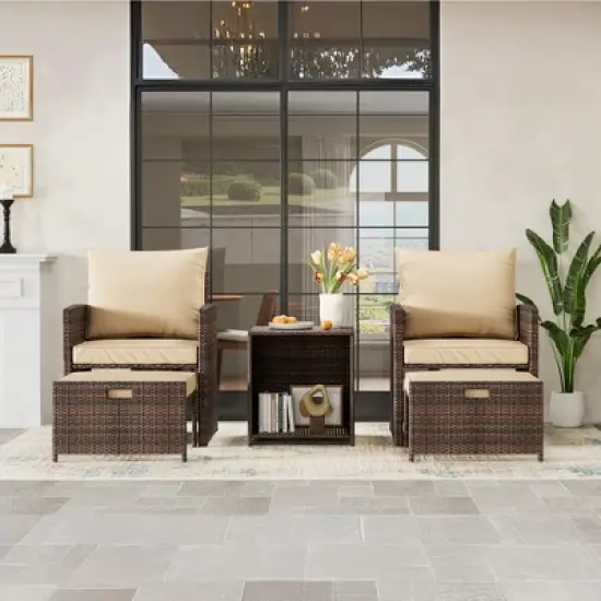 Patio Furniture Set with Ottoman, 5 Pieces Outdoor Patio Conversation Set, Wicker Lounge Chairs with Soft Cushions & Storage Table, Balcony Furniture image {1}