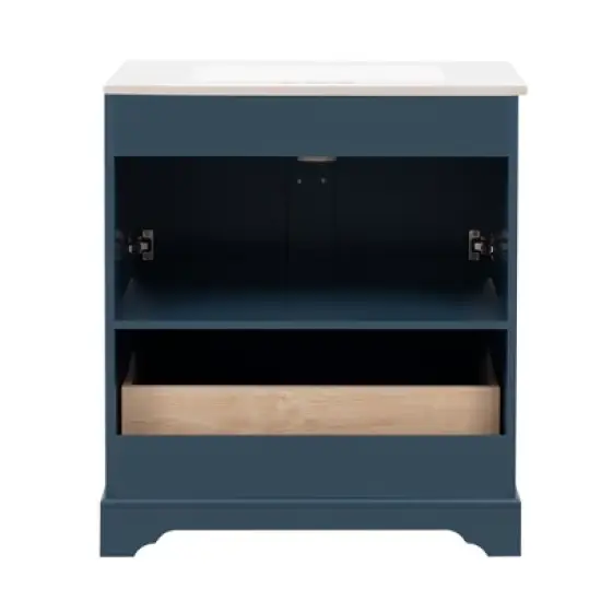 30'' Modern Bathroom Vanity with Ceramic Sink, Freestanding Storage Cabinet with Soft Close  Doors, Drawer & Gold Handles, Blue - ModernLuxe image {9}