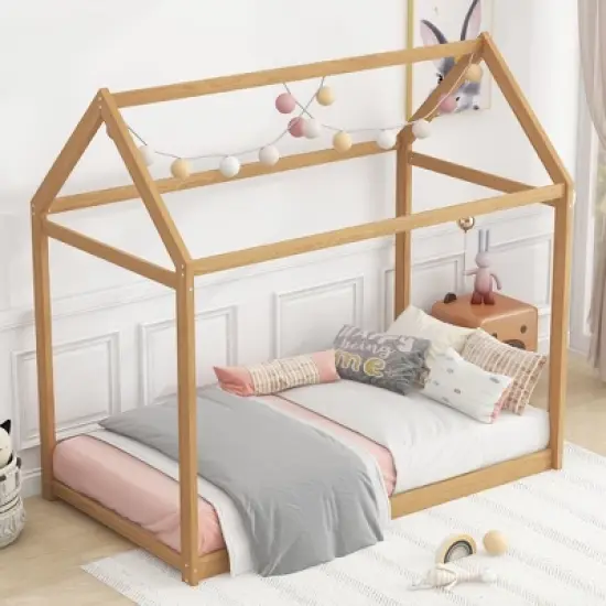 Okak Twin House-Shaped Roof Wooden Bed Frame,Modern Floor Bed for Toddlers/Kids Bedroom image {7}