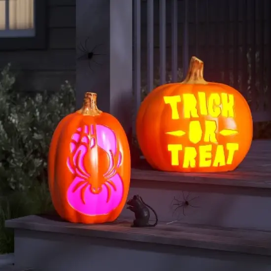 16" Lit Pumpkin Spider with Web and Timer Halloween Decorative Prop - Hyde and EEK! Boutique&trade; image {1}