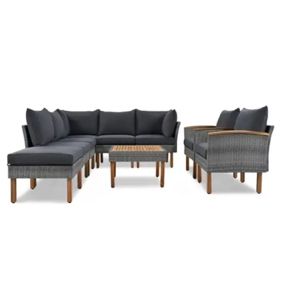 FIONECA 9-Piece PE Rattan Patio Furniture Set with Acacia Wood Legs & Tabletop, Sectional Sofa Set with Cushions & Coffee Table, Gray image {7}