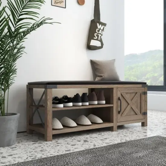 Modern Farmhouse Shoe Bench, Light Brown - ModernLuxe image {2}