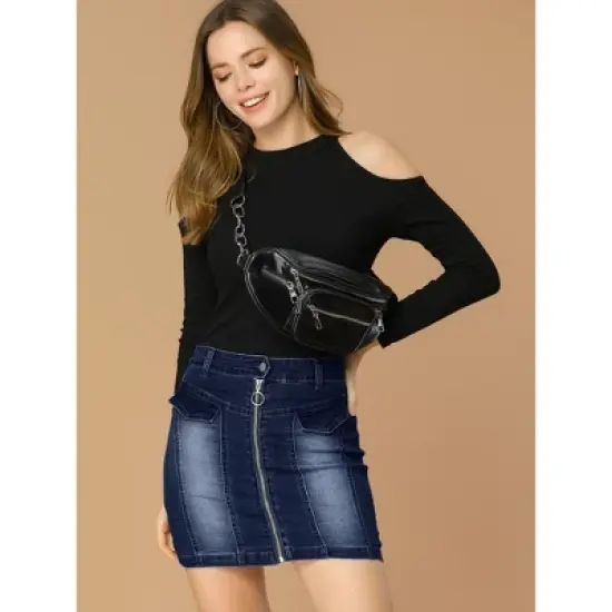 Allegra K Women's Zip Front Slim Fit High Waist Mini Denim Skirts image {2}