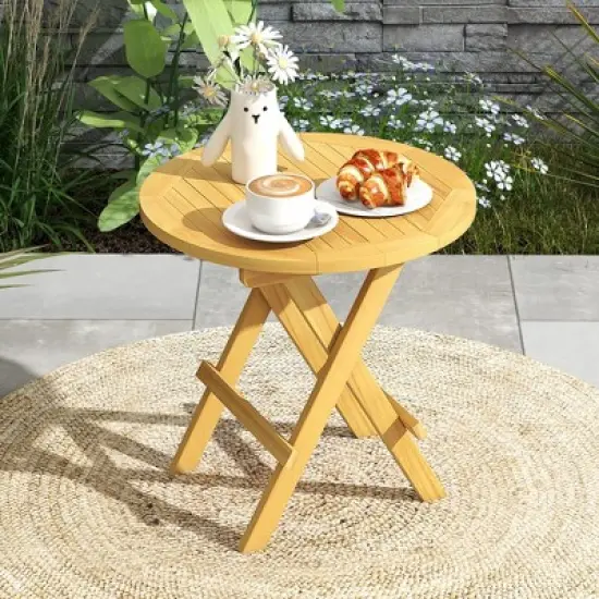 Tangkula Patio Folding Side Table w/ X-shaped Legs & Slatted Tabletop for Backyard image {1}