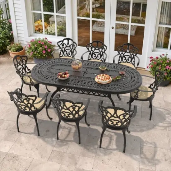 (9-PC)Premium Black Cast Aluminum Patio Set - Weather-Resistant Outdoor Table & Chairs with Beige Cushions, Umbrella Hole Included image {9}