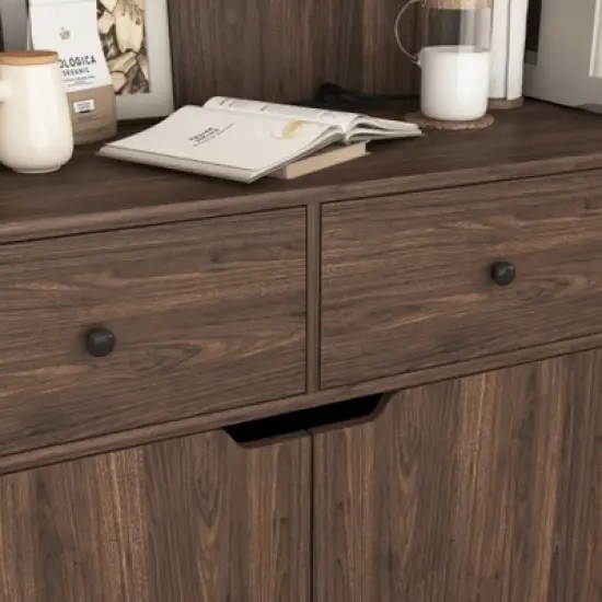 71" Tall Kitchen Pantry Storage Cabinet, Large Capacity Display Cabinet with Reeded Glass Doors and Microwave Stand, Bakers Racks with Storage image {3}