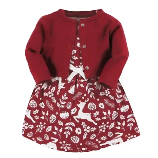 Touched by Nature Infant and Toddler Girl Organic Cotton Dress and Cardigan, Red Winter Folk image {5}