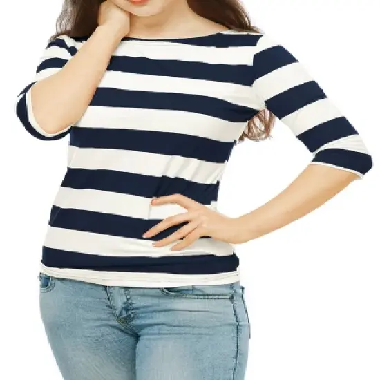 Allegra K Women's Elbow Sleeves Casual Basic Boat Neck Slim Fit T-Shirts image {8}
