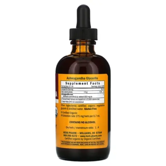Herb Pharm Certified Organic Ashwagandha Extract Drops for Traditional Support for Energy and Vitality, Alcohol-Free Glycerite, 4 Oz image {1}