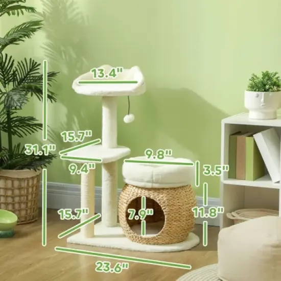 SKYONE Adjustable Height Floor-to-Ceiling Cat Tree with Scratching Posts, Condos, Hammocks & Toy image {5}