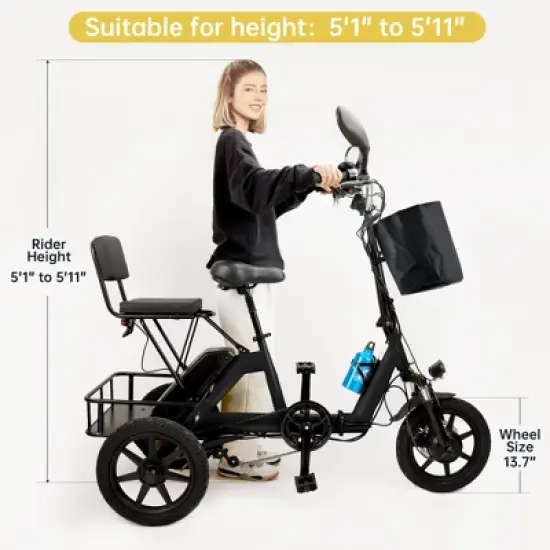 Topteng Electric Trike for Adults, 3 Wheel Bike with Basket, Adjustable Seat and Foldable Design image {7}