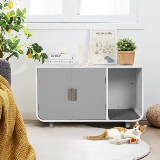 Costway Cat Litter Box Enclosure Furniture Hidden Cat Washroom with Rubber Wood Legs image {3}