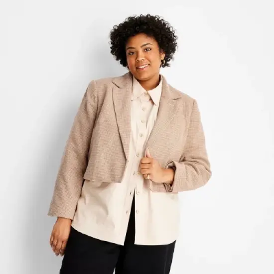 Women's Long Sleeve Plaid Cropped Blazer - Future Collective&trade; with Reese Blutstein Cream image {4}