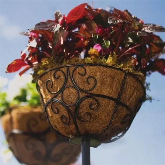 Panacea Outdoor Garden Stakes with Coco-Lined Planter Baskets, Black, 69in (Pack of 2) image {1}