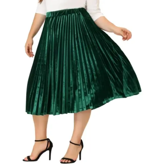 Agnes Orinda Women's Plus Size Velvet Pleated Elastic Waist Party Metallic Pleated Swing Midi A Line Skirts image {6}