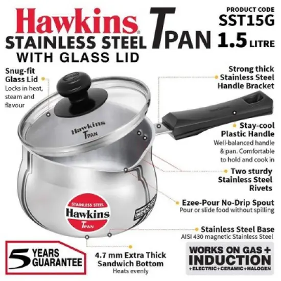 Hawkins 1.5L Stainless Steel Sauce Pan with Glass Lid: Induction & Gas Compatible, Hand Wash, 1 Year Warranty image {1}