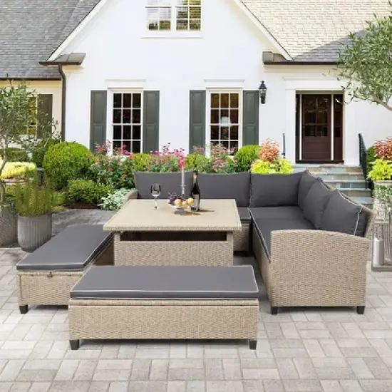 6pc Wicker Patio Set with Benches - Brown/Gray - GODEER image {1}