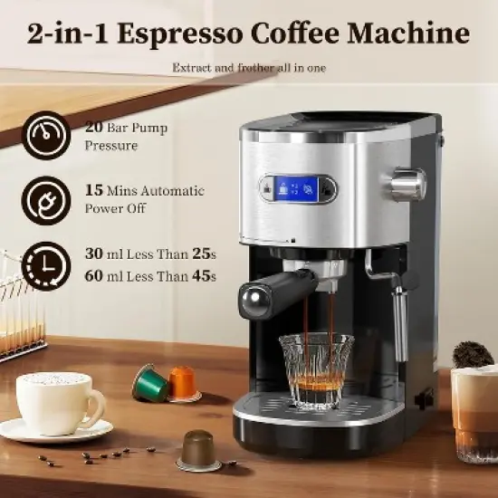 ZAFRO Espresso Machine 20 Bar, Semi-Automatic Professional Coffee Machine for Cappuccino & Latte with Milk Frother Steam Wand,LCD Display,Black image {2}