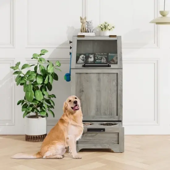 Top Opening Dog Feeding Station, Wooden Dog Food Storage Cabinet with 2 Elevated Dog Bowls, 3 Hooks, Hidden Design, Large Pet Food Storage image {7}