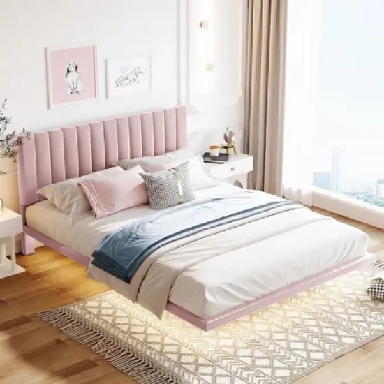 Floating Queen Platform Bed Frame, Headboard Velvet, No Box Spring Needed Upholstered Queen Bed Frame for Bedroom image {6}