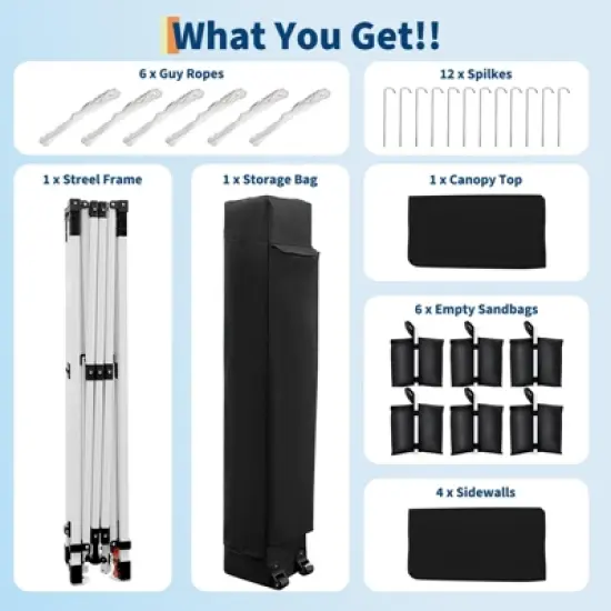 10x20 Pop Up Canopy with Sidewalls - Heavy Duty Canopy Tent with Roller Bag,Adjustable Height,4 Weight Bags,8 Stakes & 6 Guy Ropes Included image {4}
