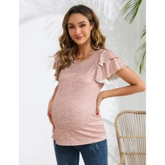 Coolmee Women's Maternity Shirts Nursing Tops Flying Short Sleeve Breastfeeding Tees Lightweight Side Ruched Pregnancy Clothes M Pink Printing image {2}