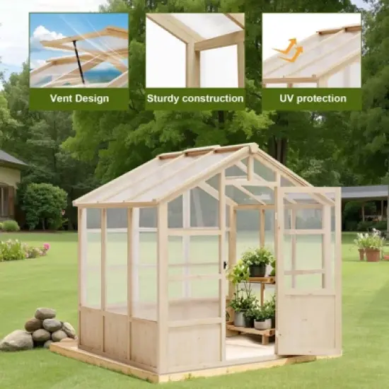 8x8FT Outdoor Wooden Greenhouse with Lockable Door Adjustable Vent Polycarbonate Panels Heavy Duty Garden Yard Greenhouse Light Brown image {4}