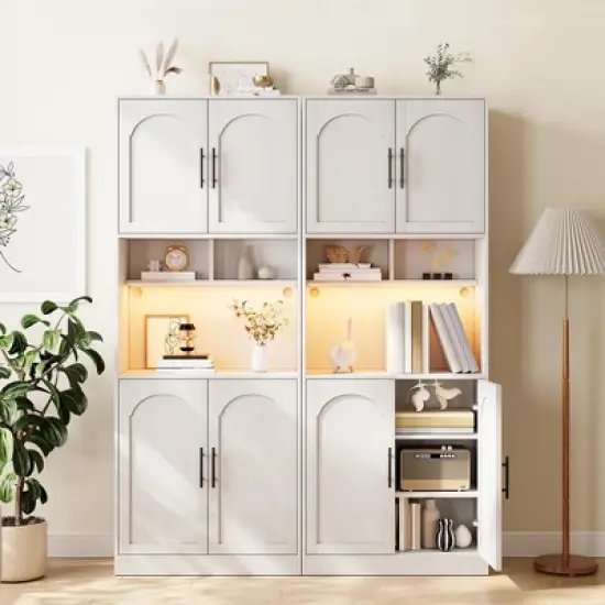Kitchen Pantry Cabinet with RGB Light, Tall Kitchen Hutch Bar Cabinet with Microwave Stand and Barn Doors & 2 Open Shelves image {5}